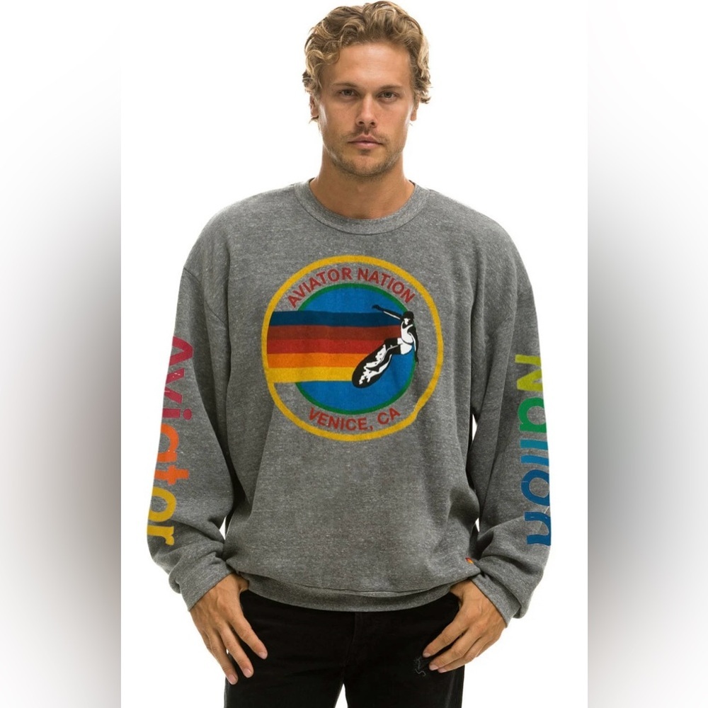 NWT AVIATOR NATION UNISEX RELAXED CREWSWEATSHIRT - HEATHER GREY Logo SZ L